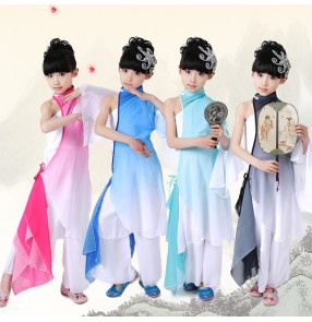 Wholesale discount cheap gradient blue turquoise black hot pink fuchsia one shoulder girls kids children performance cos play chinese folk fan classical ancient fairy dance costumes outfits dresses